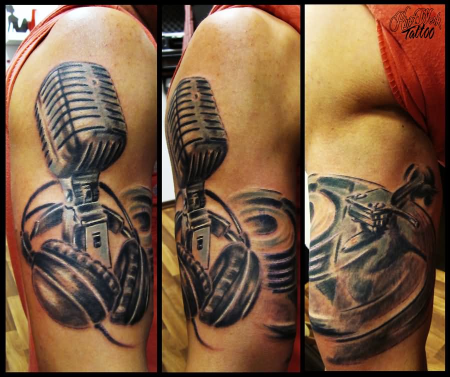 Microphone And Headphone Tattoo On Right Shoulder by Camosarttattoo