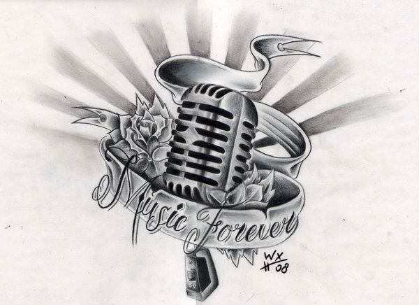 Music Forever Banner And Microphone Tattoo Drawing