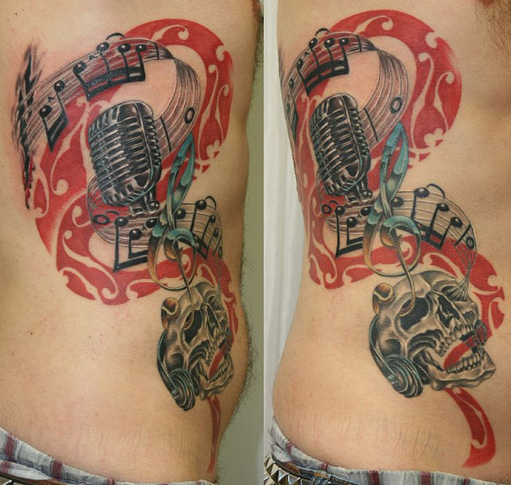 Music Notes And Microphone And Headphone Tattoo On Side Rib