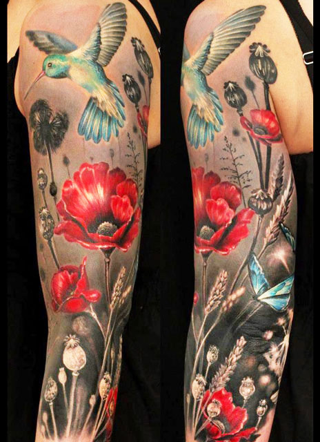 Nature Flowers With Flying Bird Tattoo On Left Full Sleeve
