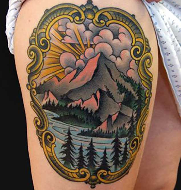 Nature Mountains In Frame Tattoo Design For Thigh