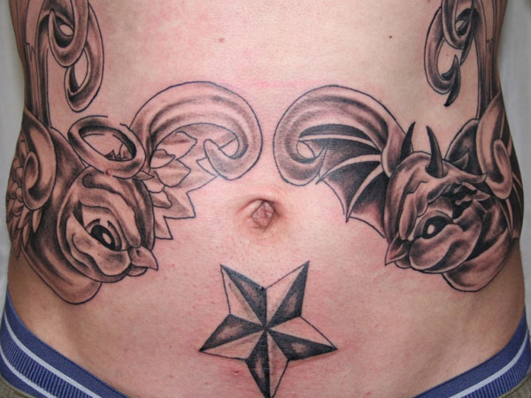 Nautical Star With Angel And Devil Bird Tattoo Design For Men Stomach