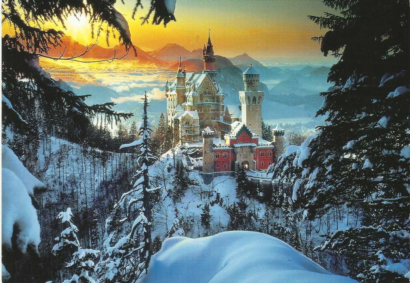 Neuschwanstein Castle Looks With Winter Snow Sunrise Picture