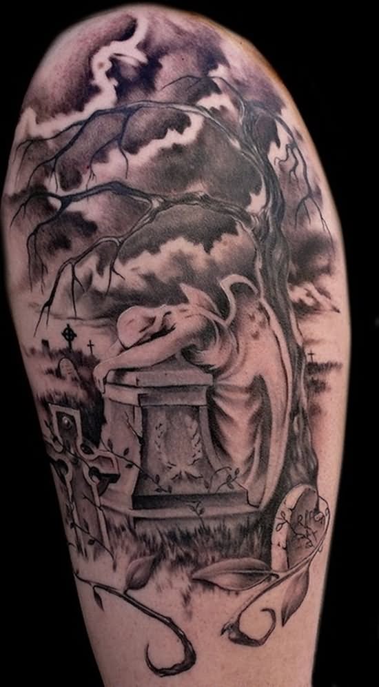 Nice Grey Ink Haunted Graveyard Half Sleeve Tattoo