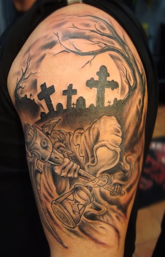 Nice Grey Ink Haunted Graveyard Tattoo On Shoulder