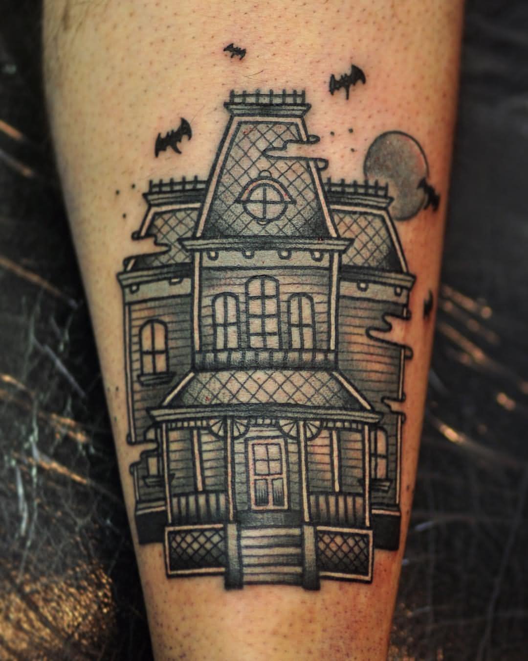 Nice Grey Haunted House Tattoo