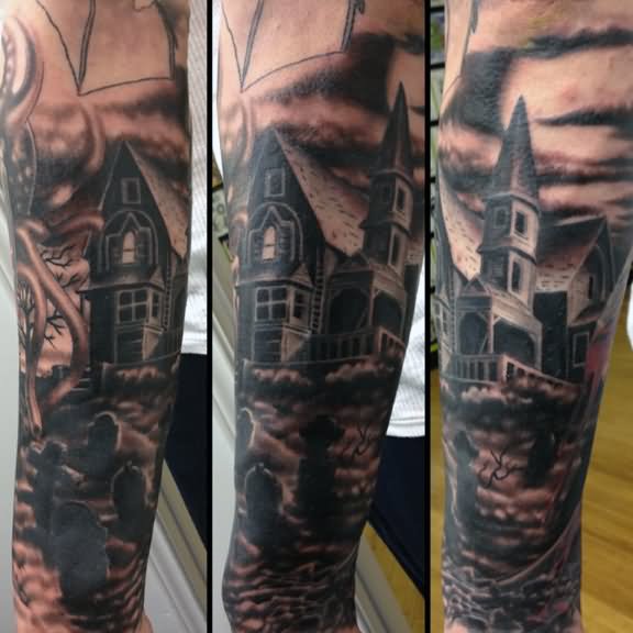 Nice Grey Ink Haunted Graveyard Tattoo On Full Sleeve