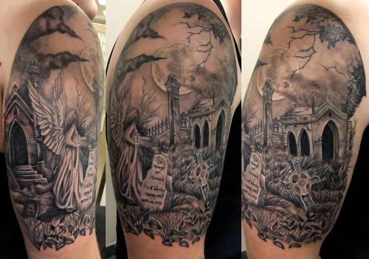 Nice Grey Ink Haunted Graveyard Tattoo On Half Sleeve