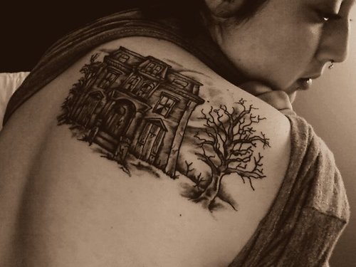 Nice Grey Ink Haunted House Tattoo On Back Shoulder
