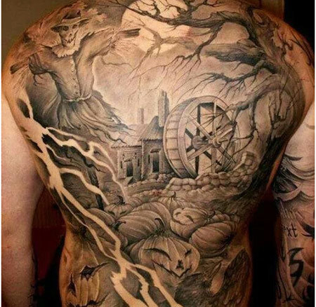 Nice Grey Ink Haunted House Tattoo On Full Back