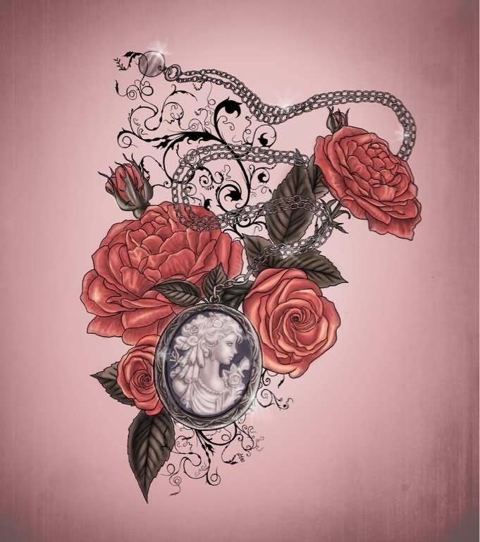 Nice Red Roses And Hand Mirror Tattoo Design
