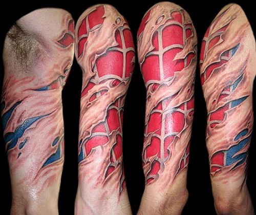 Nice Ripped Skin Spiderman Sleeve Tattoo
