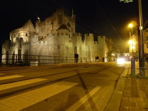 Night view Of The Gravensteen Castle Across The Road