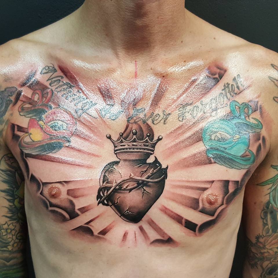 Nothing Is Ever Forgotten - Sacred Heart Tattoo On Chest by Kane