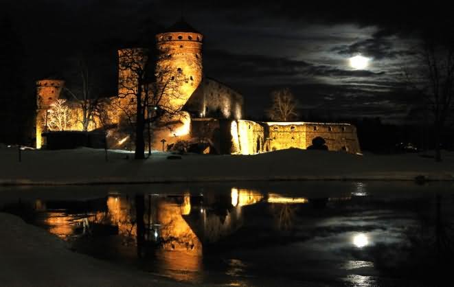 Olavinlinna Castle Illuminated At Night