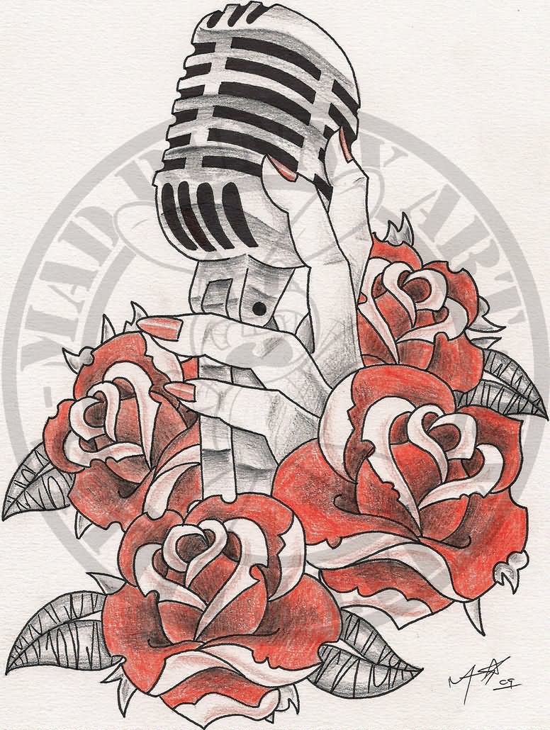 Old School Red Roses And Microphone Tattoo Drawing by Madbunnyart