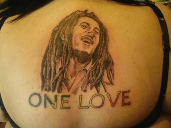 One Love Bob Marley Tattoo On Upper Back
