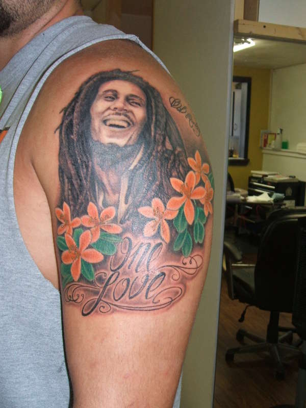 One Love Laughing Bob Marley Tattoo On Left Shoulder