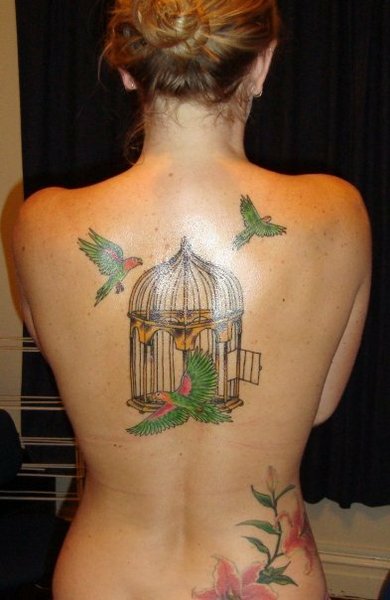 Open Cage And Flying Birds Tattoo On Full Back