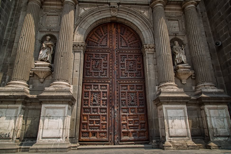 Ornate Wooden Door Of The Metropolitan Cathedral In Mexico