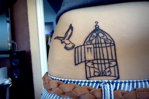 Outline Bird And Cage Tattoo