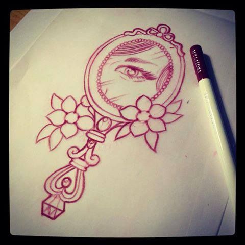 Outline Flowers And Victorian Hand Mirror Tattoo Design