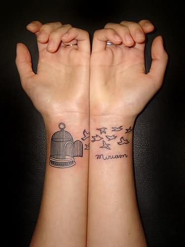 Outline Flying Birds And Cage Tattoos On Wrist