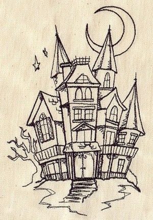 Outline Moon And Traditional Haunted House Tattoo