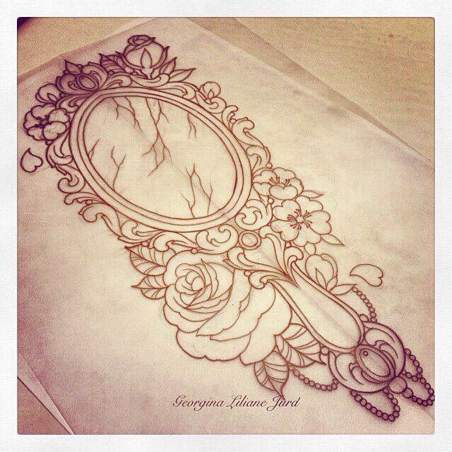 Outline Rose Flower And Hand Mirror Tattoo Design