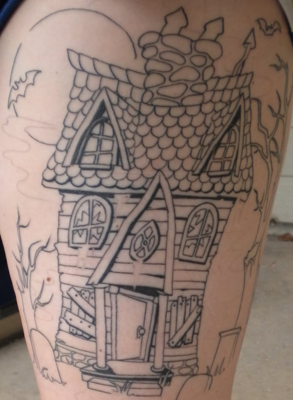 Outline Traditional Haunted House Tattoo Design