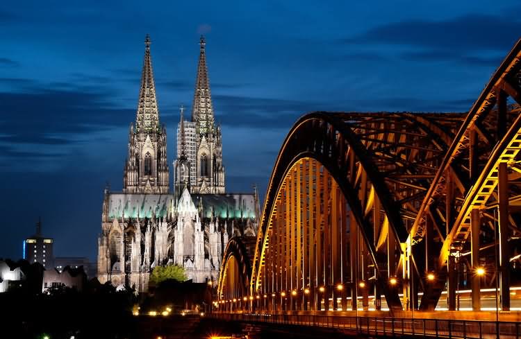 Outstanding Night View Of The Cologne Cathedral In Germany
