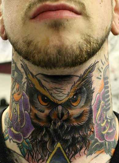 Owl With Roses Tattoo On Man Neck