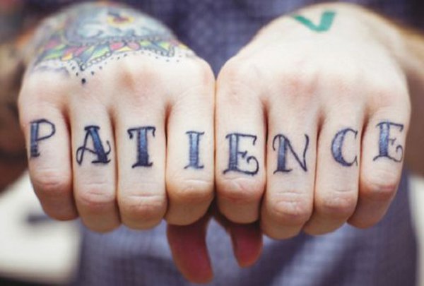 Patience Lettering Tattoo On Both Hand Fingers