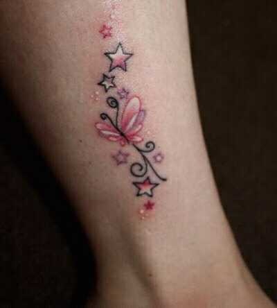 Pink Butterfly And Stars Tattoo On Ankle