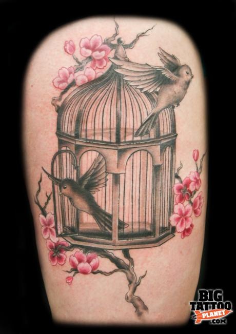 Pink Flowers And Cage Tattoo Design