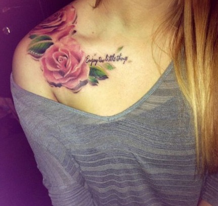 Pink Ink Roses Tattoo On Girl Collar Bone