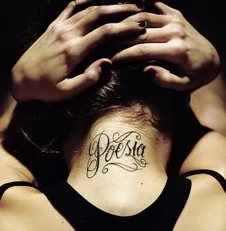 Poesia Words Tattoo On Girl Back Neck
