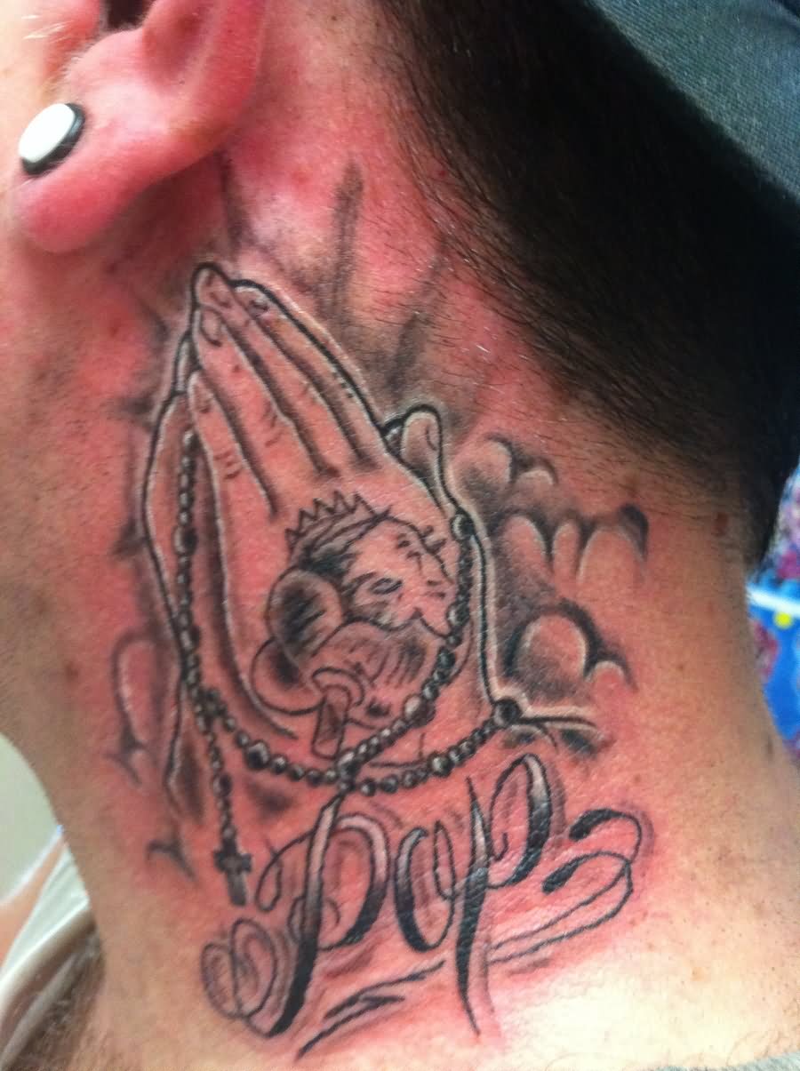 Pop - Praying Hands With Rosary Cross Tattoo On Side Neck