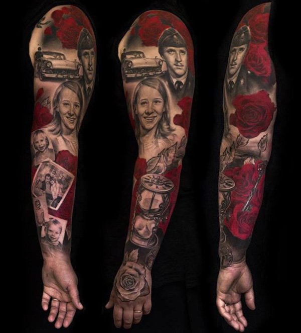 Portrait With Hourglass And Roses Tattoo On Full Sleeve
