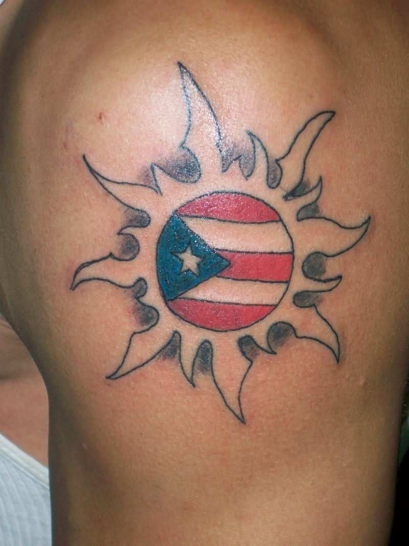 Puerto Rican Flag In Sun Tattoo On Shoulder