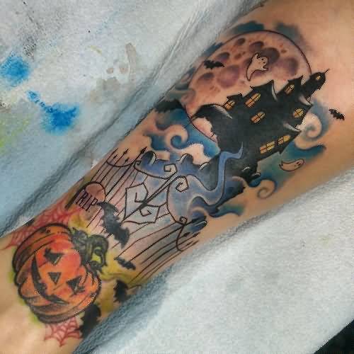Pumpkin And Traditional Haunted House Tattoo On Forearm