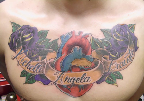 Purple Roses With Real Heart And Banner Tattoo On Collar Bone