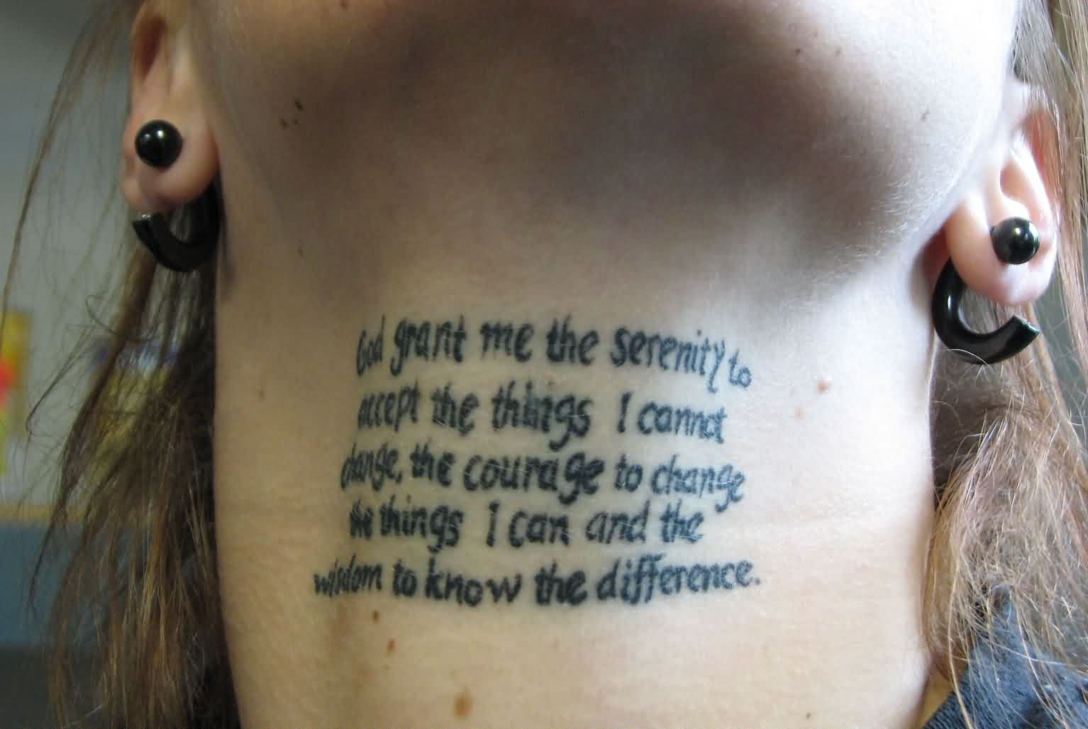 Quote Tattoo On Girl Front Neck