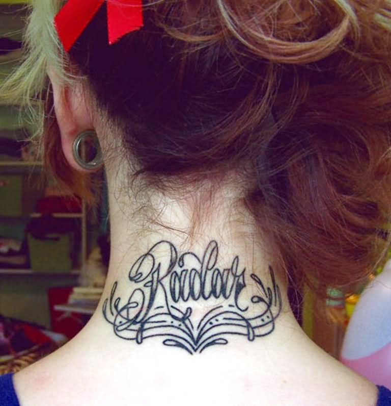 Radar Lettering Tattoo On Girl Back Neck