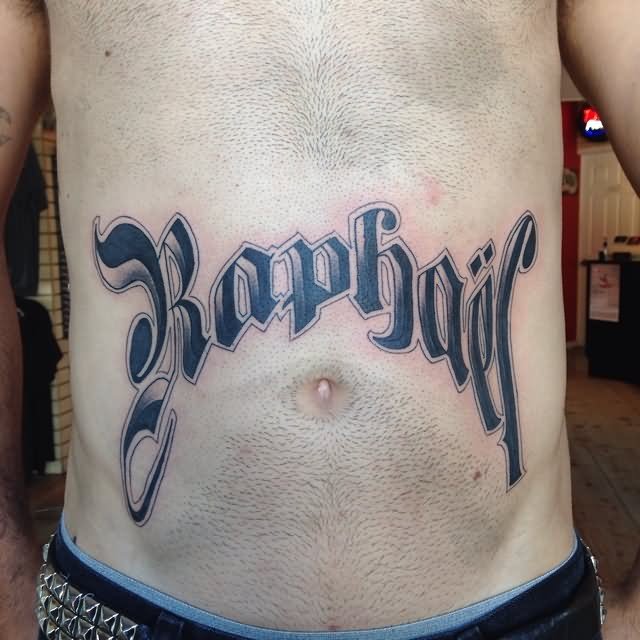Raphael Lettering Tattoo On Man Stomach