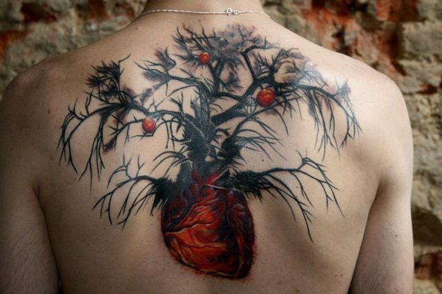 Real Heart Gothic Tree Tattoo On Upper Back
