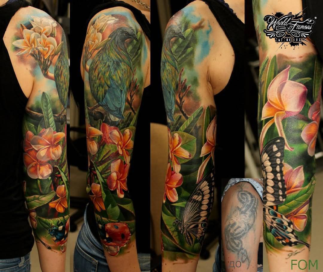 Realistic 3D Nature Flowers And Butterfly Tattoo On Right Half Sleeve