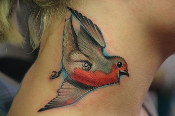 Realistic Bird Tattoo On Side Neck