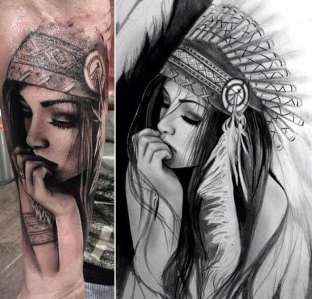 Realistic Black And Grey Indian Chief Female Tattoo Design For Forearm
