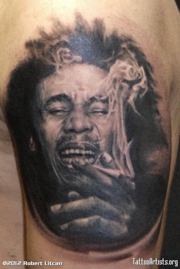 Realistic Bob Marley Tattoo On Left Shoulder For Men